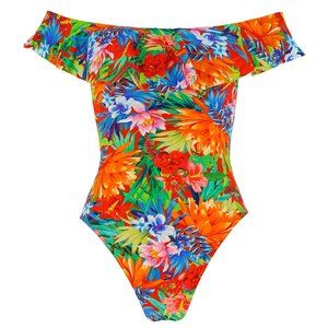 Banana Moon Bright Tropical ruffle one piece swimsuit off the shoulder